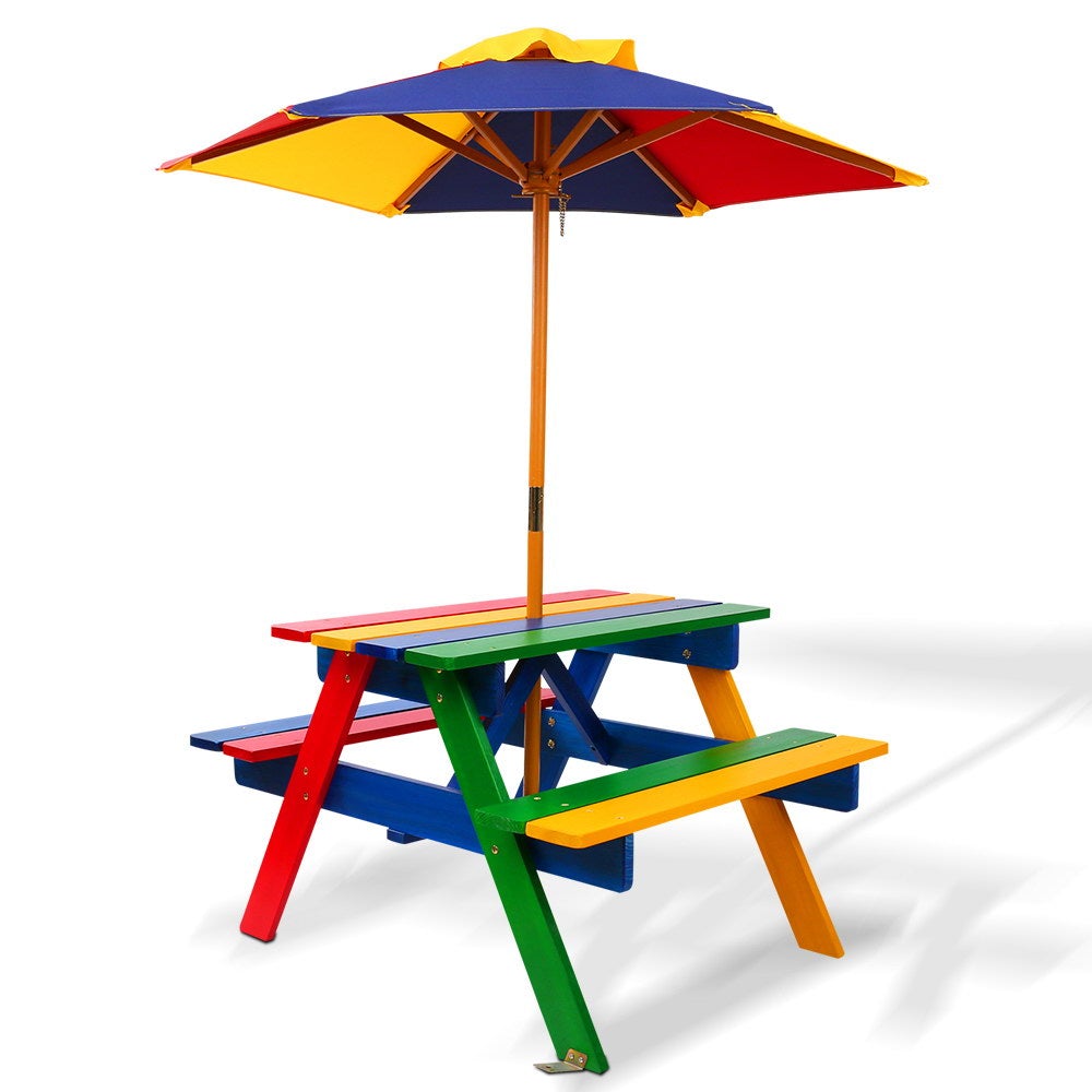 Keezi Kids Wooden Picnic Table Set featuring a colorful table, two benches, and a sturdy umbrella, perfect for outdoor play.